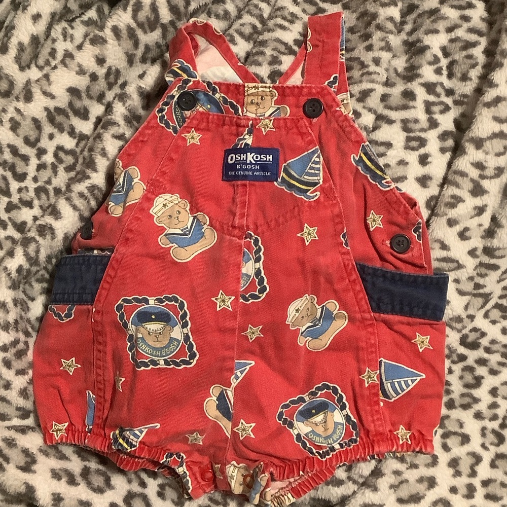 Vintage OshKosh B'gosh Red Kids Overalls teddy bears sailboat nautical cotton US